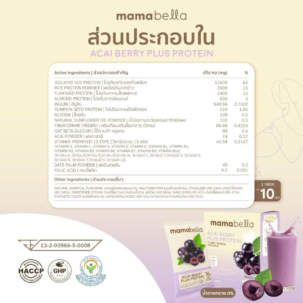 ผลิตภัณฑ์โปรตีนเสริมอาหารเพื่อบำรุงครรภ์ MAMABELLA รสอาซาอิเบอร์รี่ 20 กรัม/ซอง บรรจุ 10 ซอง (เพิ่มน้ำหนักให้ลูกในครรภ์)